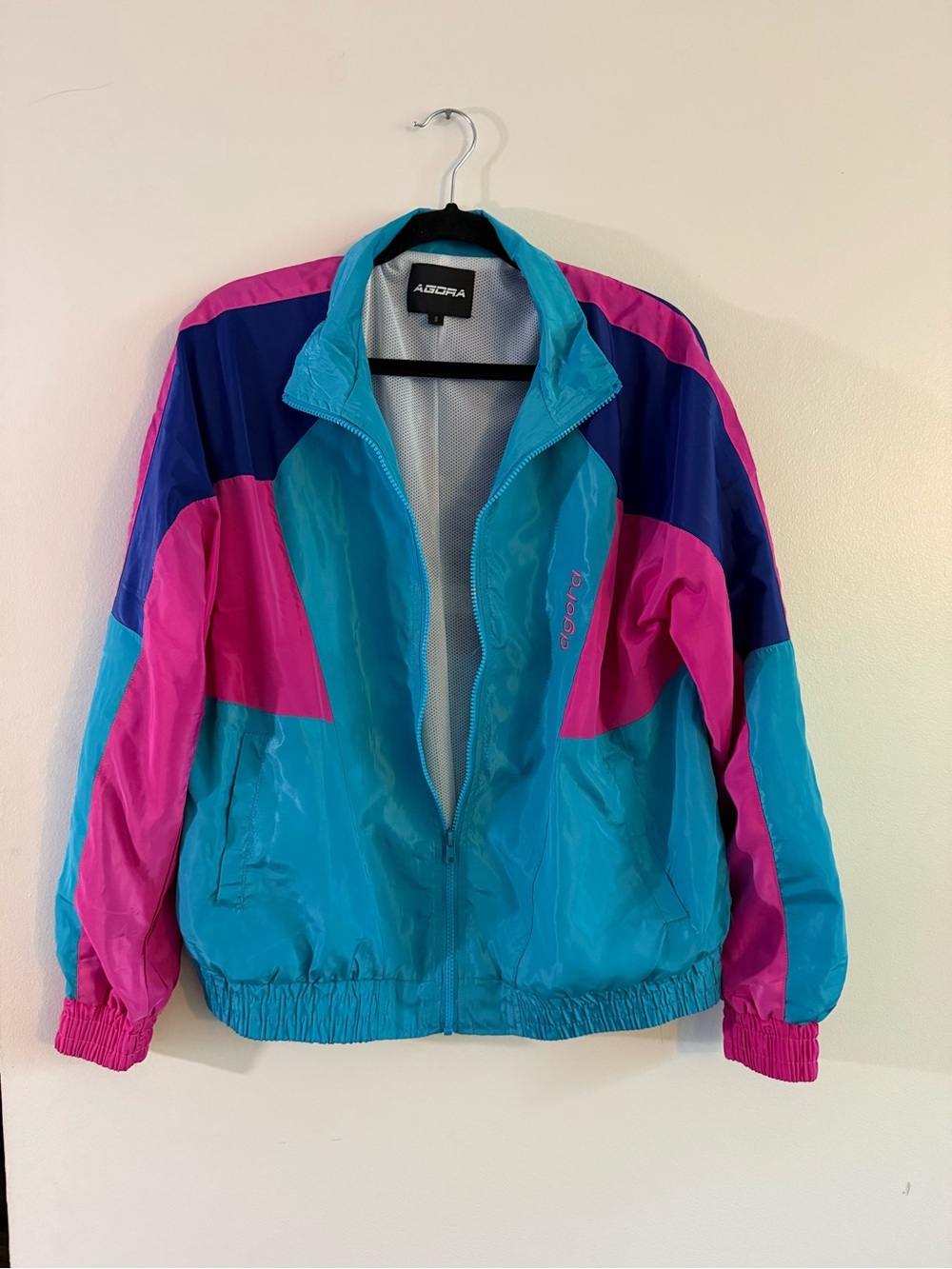 Agora Turquoise, Pink & Navy Color-Block Bomber Jacket